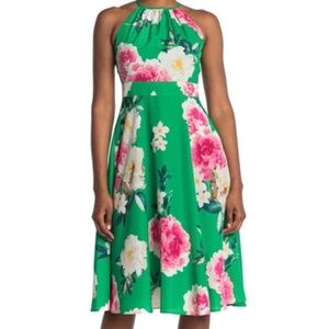 NWT Eliza J Green Pink Floral Halter Style Fit & Flare Crepe Midi Dress Size 8